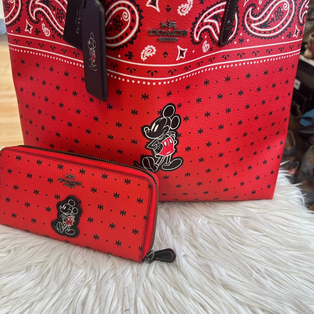 Coach Red Mickey Mouse Tote and Wallet Set